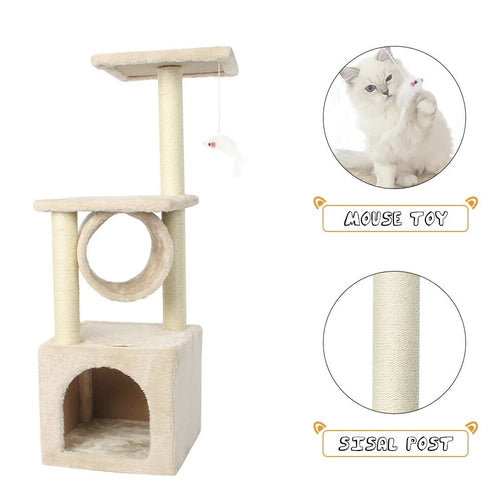 Cat Tree House Tower with Scratching Post & Toy Mouse