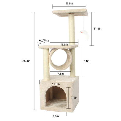 Cat Tree House Tower with Scratching Post & Toy Mouse